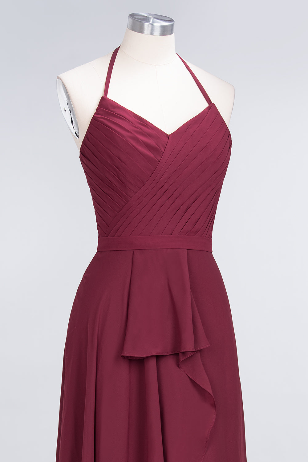 Affordable Chiffon Halter V-Neck Ruffle Burgundy Bridesmaid dresses - Fashionpara