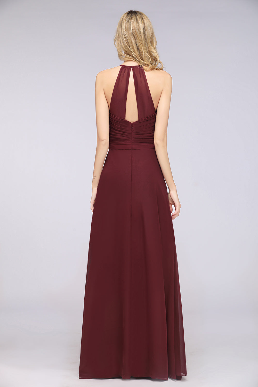 Affordable Chiffon Halter V-Neck Ruffle Burgundy Bridesmaid dresses - Fashionpara