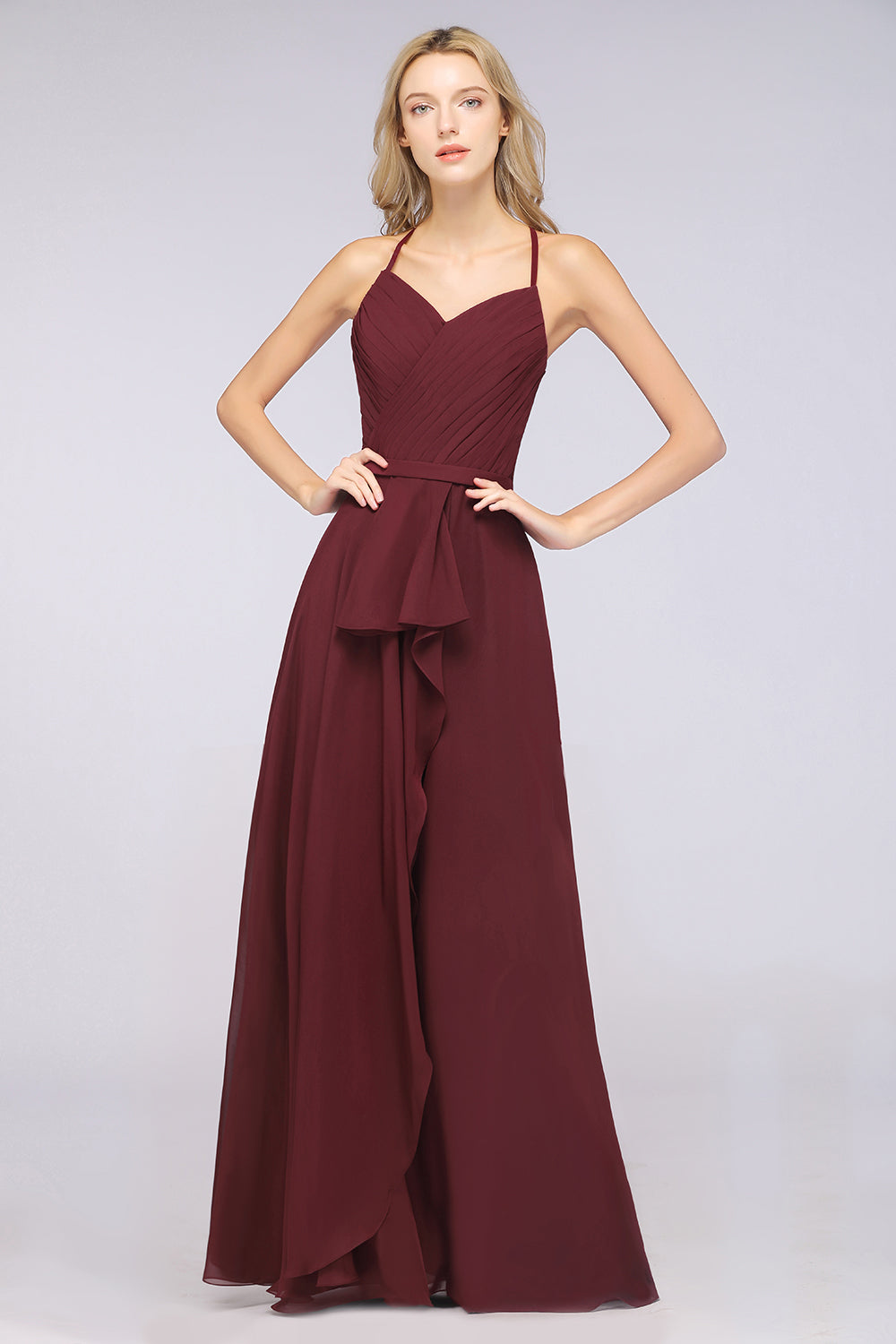 Affordable Chiffon Halter V-Neck Ruffle Burgundy Bridesmaid dresses - Fashionpara