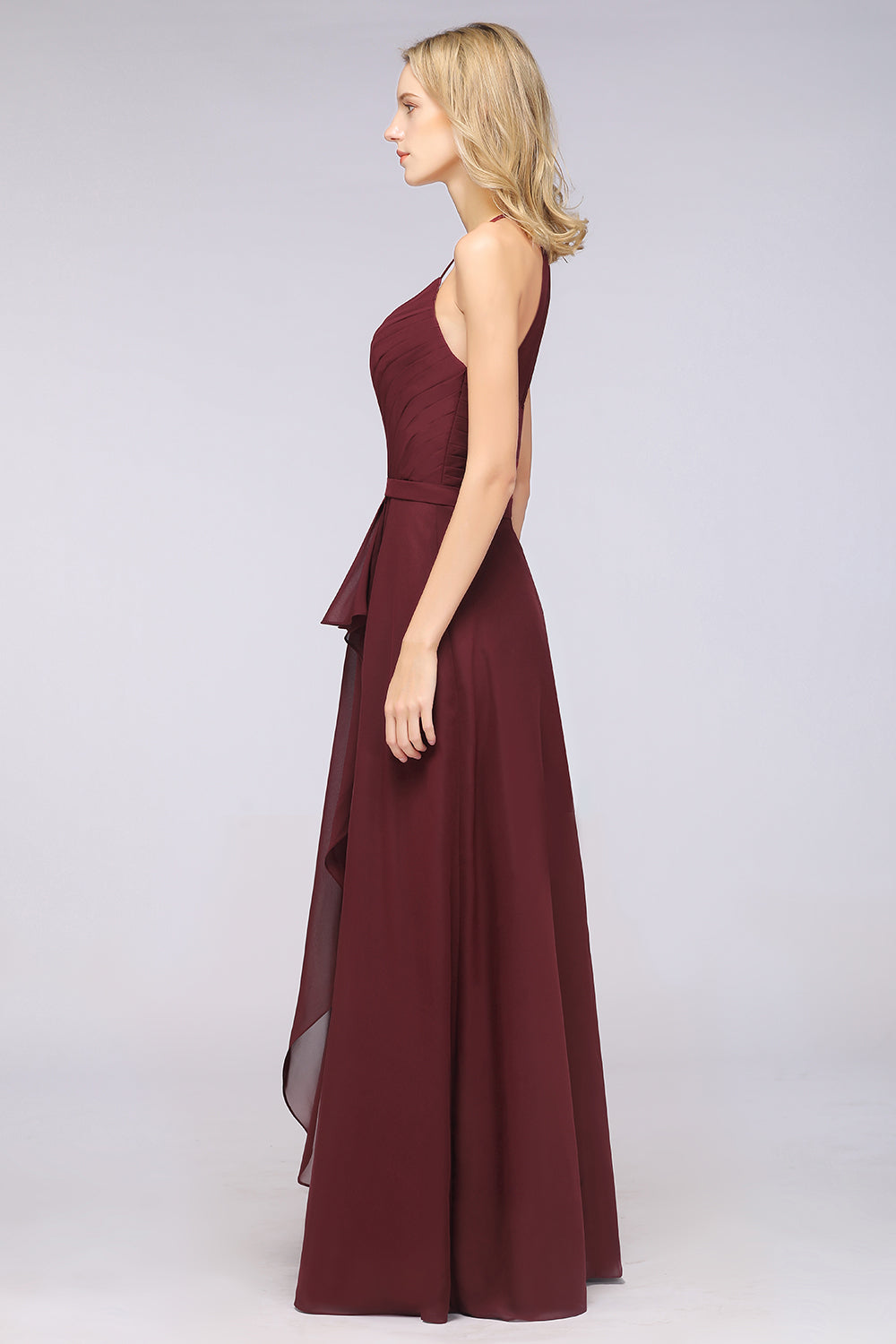 Affordable Chiffon Halter V-Neck Ruffle Burgundy Bridesmaid dresses - Fashionpara