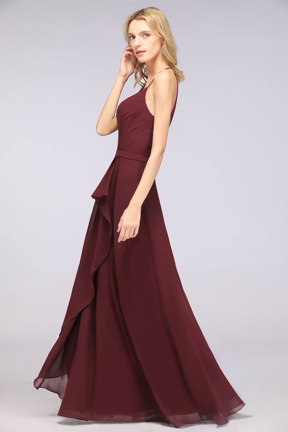 Affordable Chiffon Halter V-Neck Ruffle Burgundy Bridesmaid dresses - Fashionpara