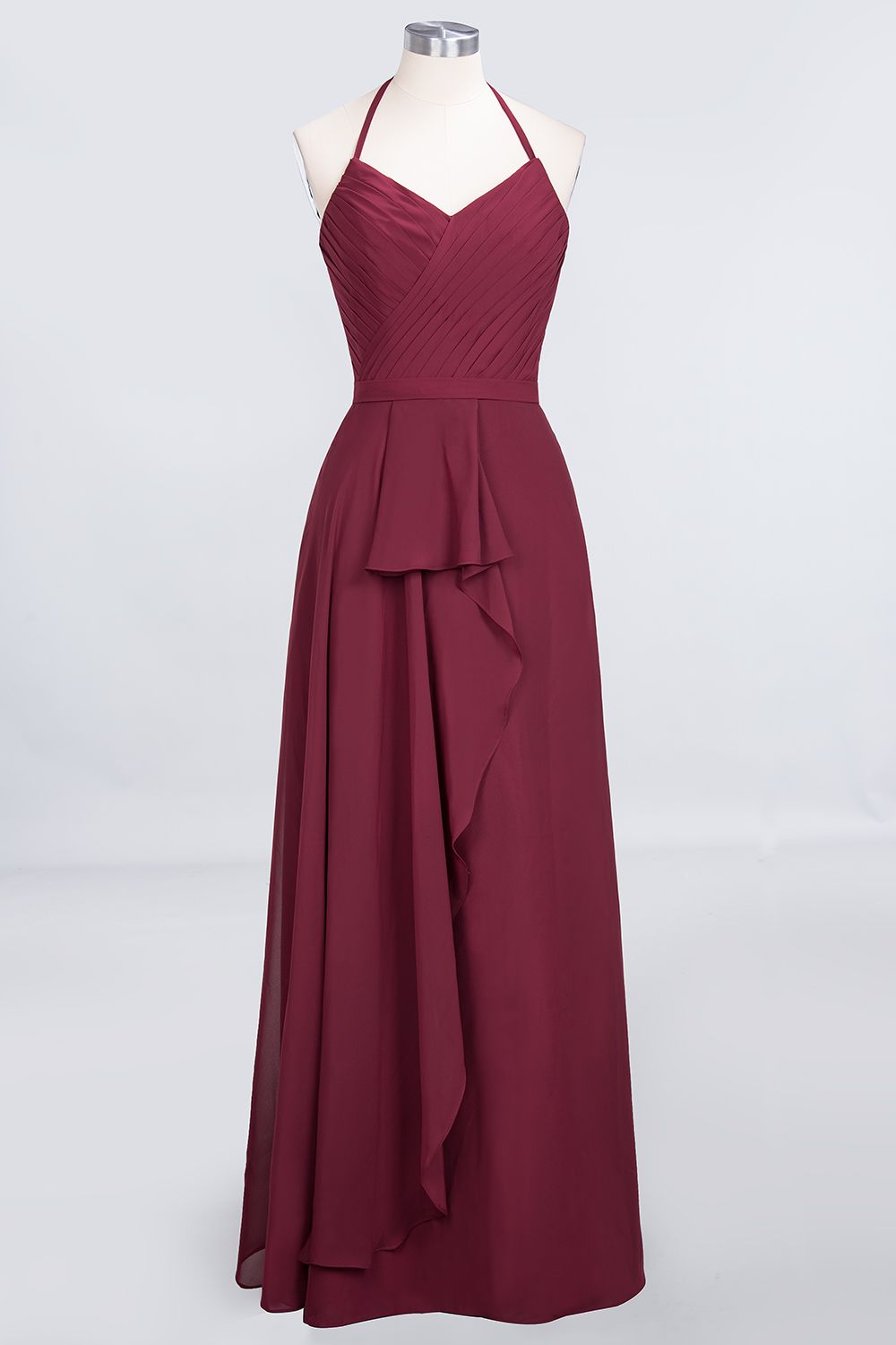 Affordable Chiffon Halter V-Neck Ruffle Burgundy Bridesmaid dresses - Fashionpara
