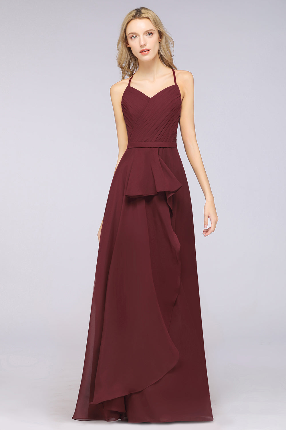 Affordable Chiffon Halter V-Neck Ruffle Burgundy Bridesmaid dresses - Fashionpara