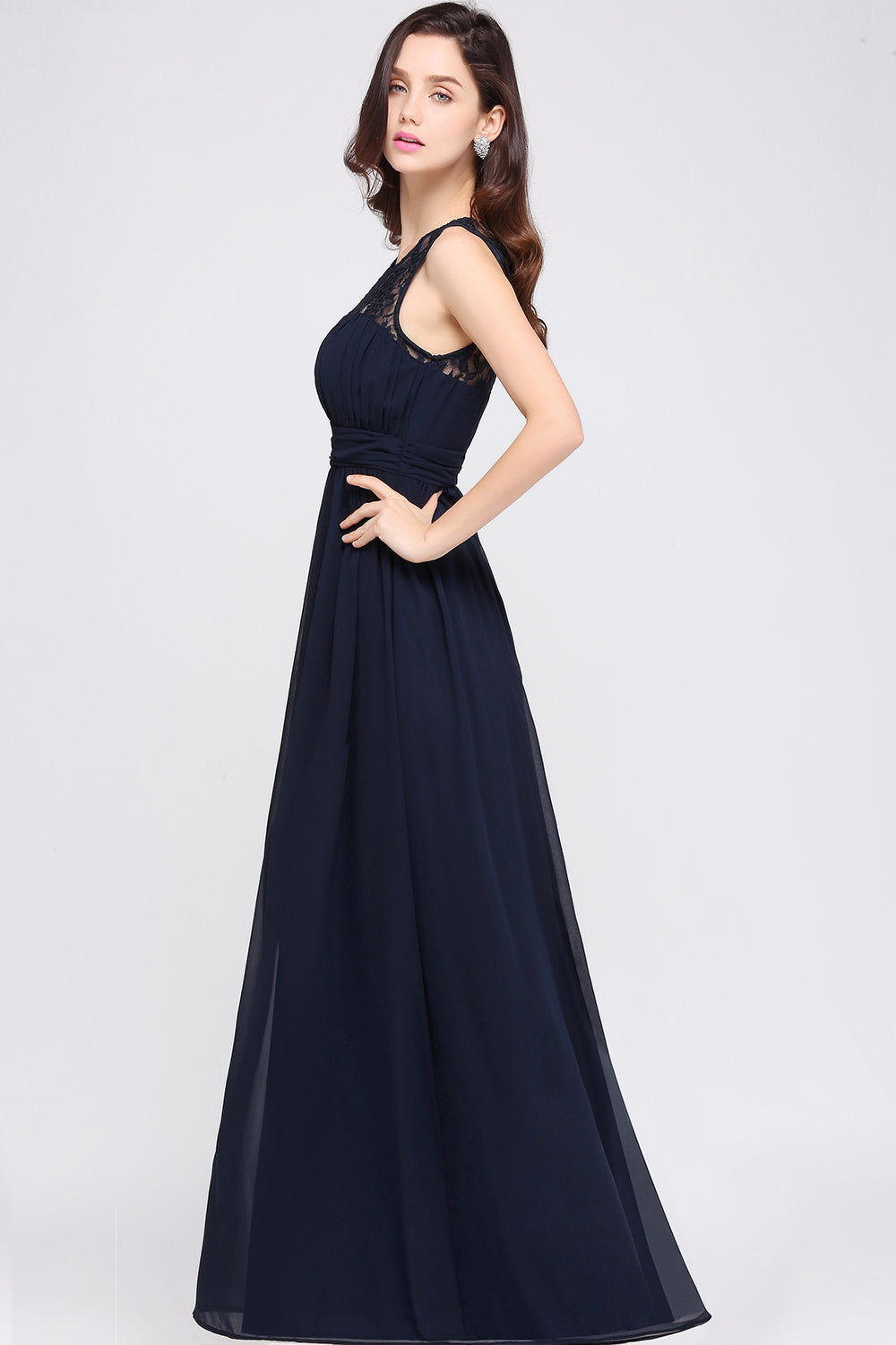 Affordable Chiffon Jewel Sleeveless Lace Bridesmaid Dresses with Ruffle - Fashionpara