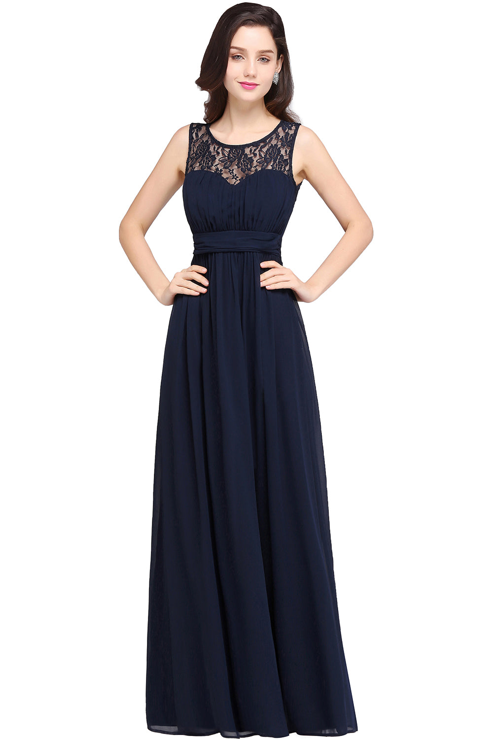 Affordable Chiffon Jewel Sleeveless Lace Bridesmaid Dresses with Ruffle - Fashionpara