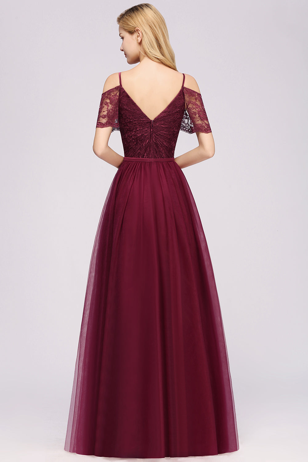 Affordable Chiffon Off-the-Shoulder Burgundy Lace Bridesmaid dresses - Fashionpara