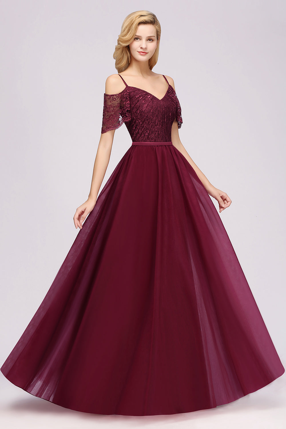 Affordable Chiffon Off-the-Shoulder Burgundy Lace Bridesmaid dresses - Fashionpara