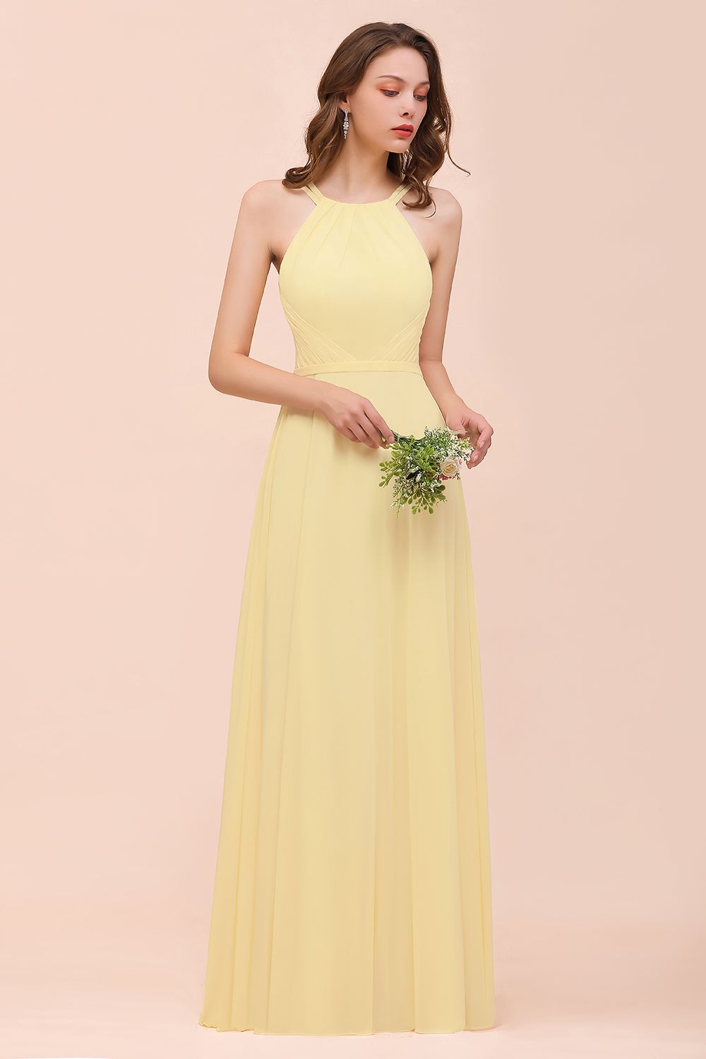 Affordable Daffodil Chiffon Sleeveless Long Bridesmaid Dresses with Ruffle - Fashionpara