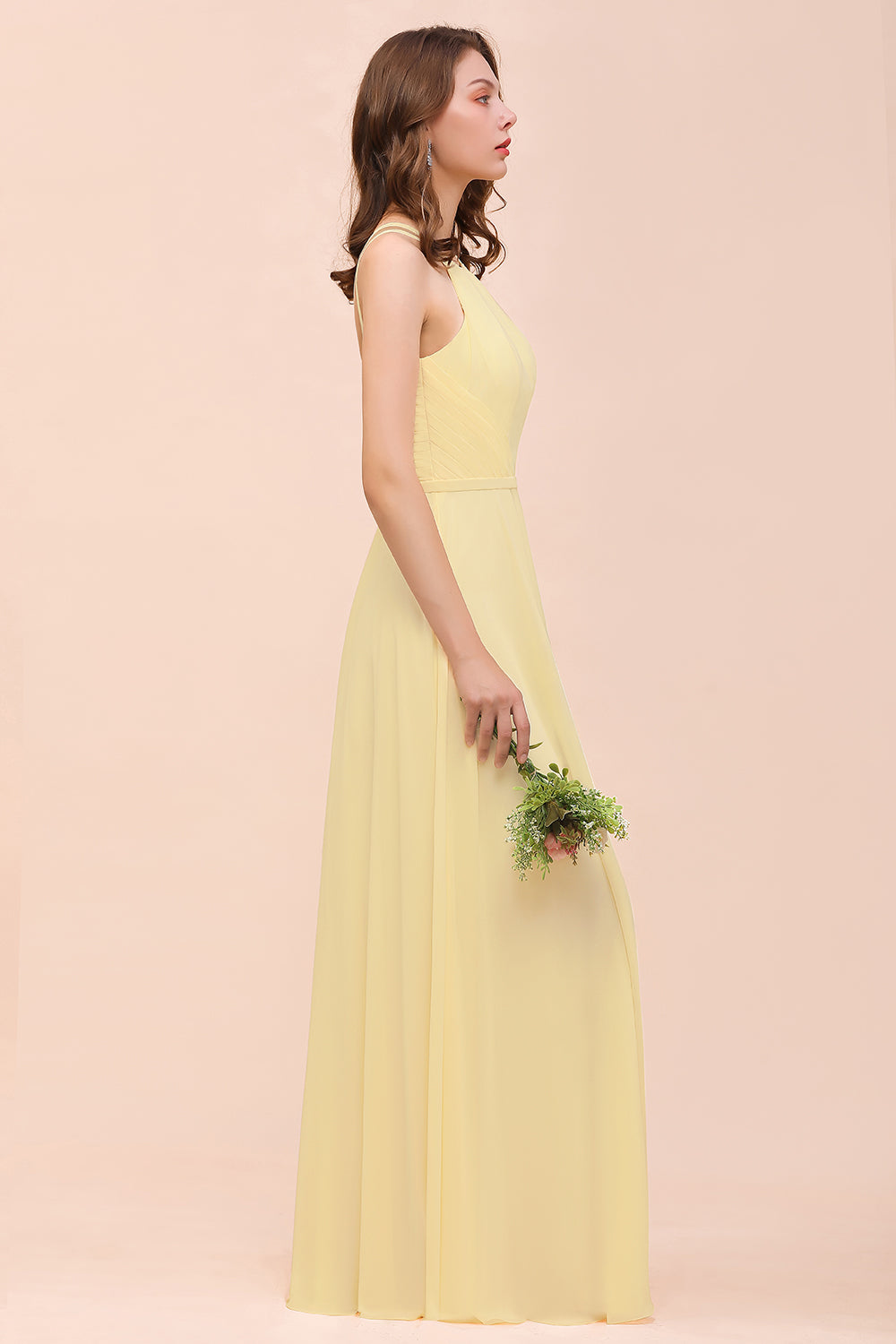 Affordable Daffodil Chiffon Sleeveless Long Bridesmaid Dresses with Ruffle - Fashionpara