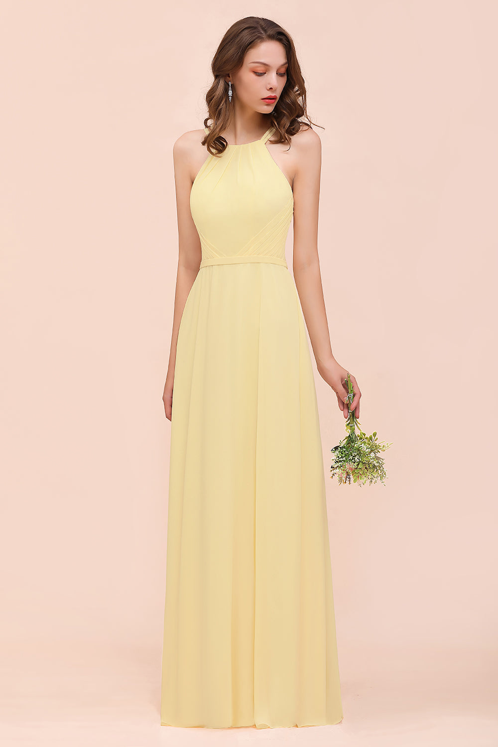 Affordable Daffodil Chiffon Sleeveless Long Bridesmaid Dresses with Ruffle - Fashionpara