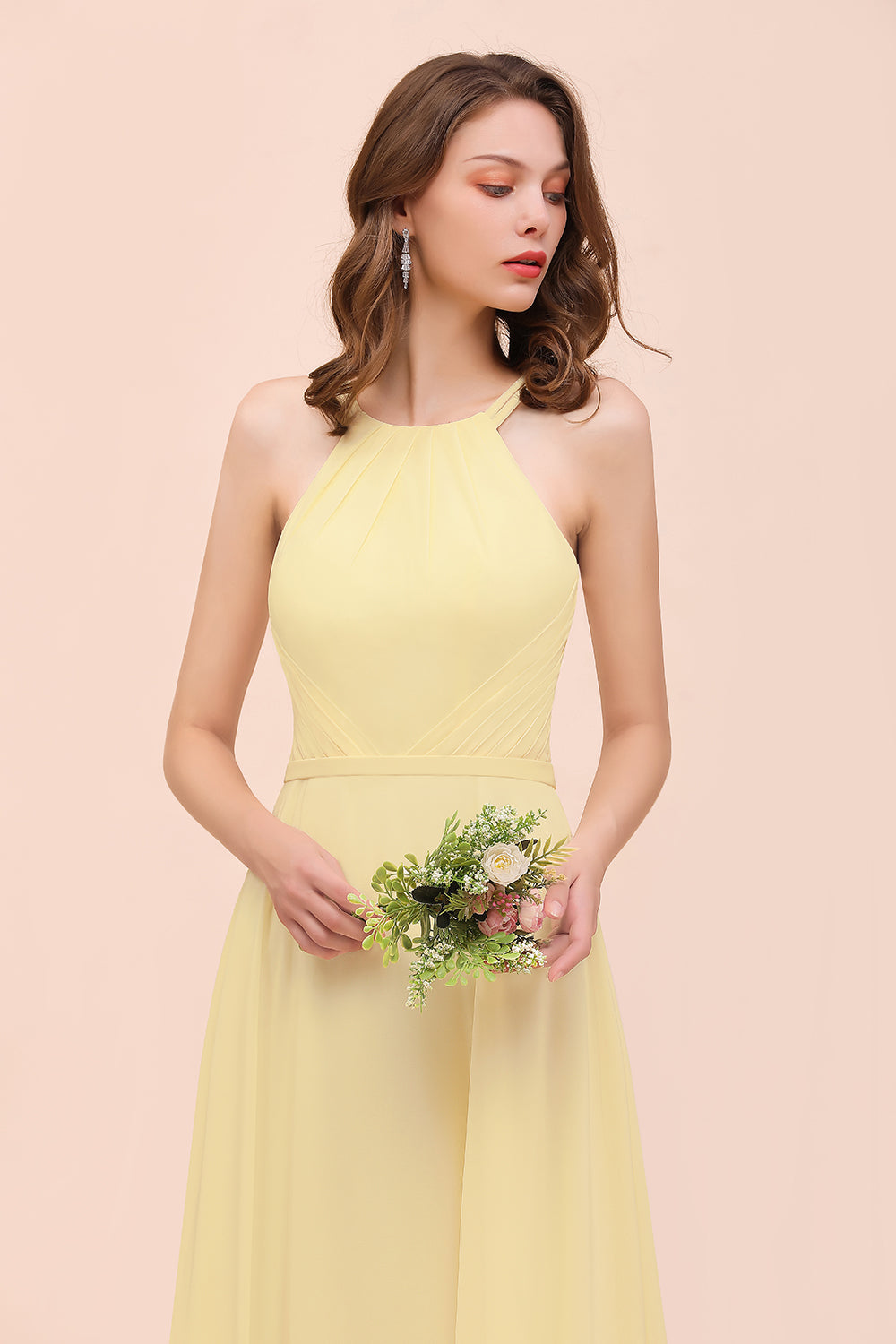 Affordable Daffodil Chiffon Sleeveless Long Bridesmaid Dresses with Ruffle - Fashionpara