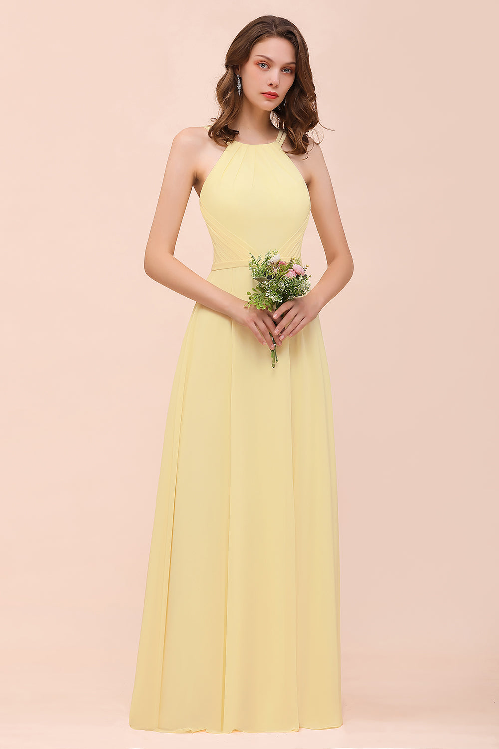Affordable Daffodil Chiffon Sleeveless Long Bridesmaid Dresses with Ruffle - Fashionpara