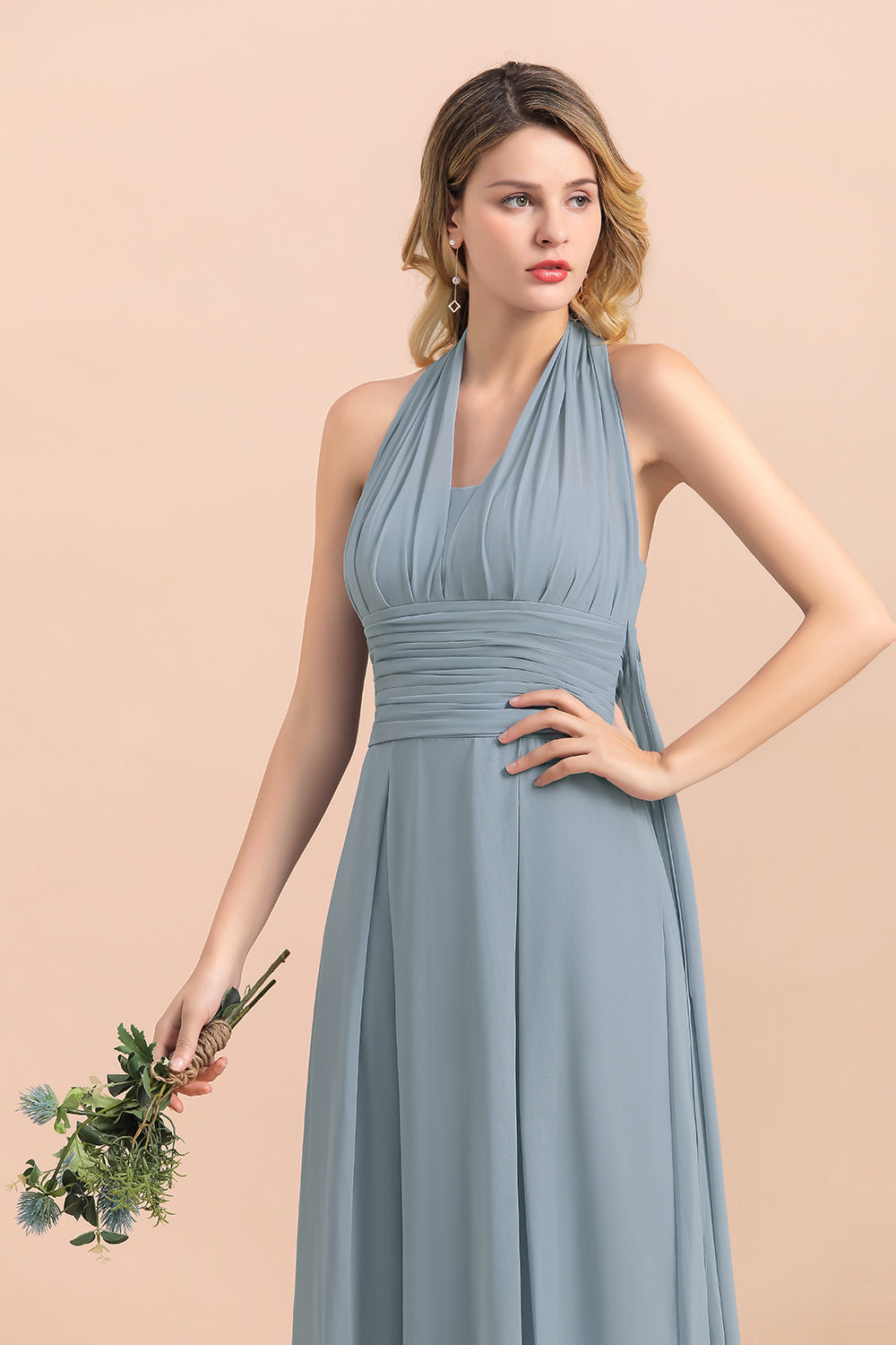 Affordable Dusty Blue Ruffle Convertible Bridemsiad Dress - Fashionpara