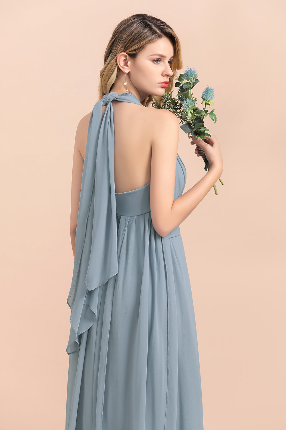 Affordable Dusty Blue Ruffle Convertible Bridemsiad Dress - Fashionpara