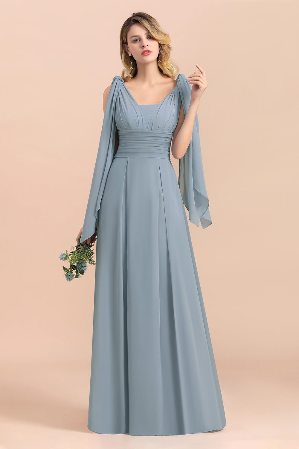 Affordable Dusty Blue Ruffle Convertible Bridemsiad Dress - Fashionpara