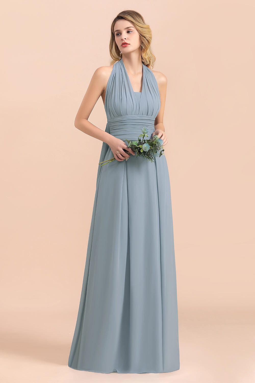 Affordable Dusty Blue Ruffle Convertible Bridemsiad Dress - Fashionpara