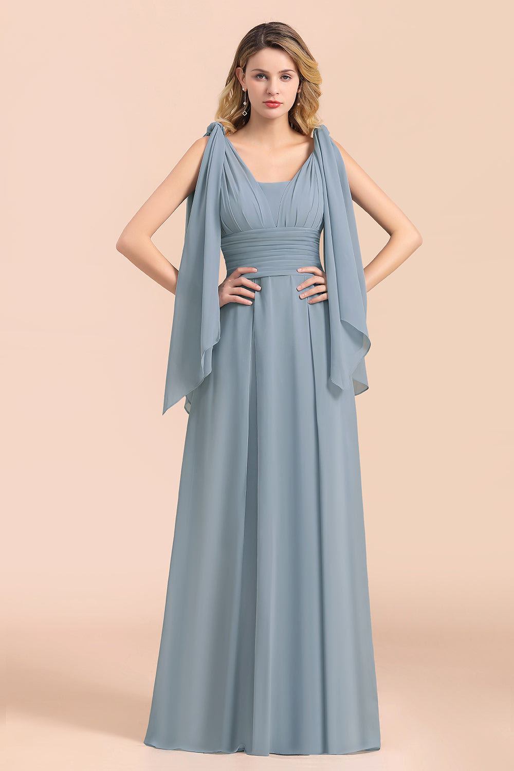 Affordable Dusty Blue Ruffle Convertible Bridemsiad Dress - Fashionpara
