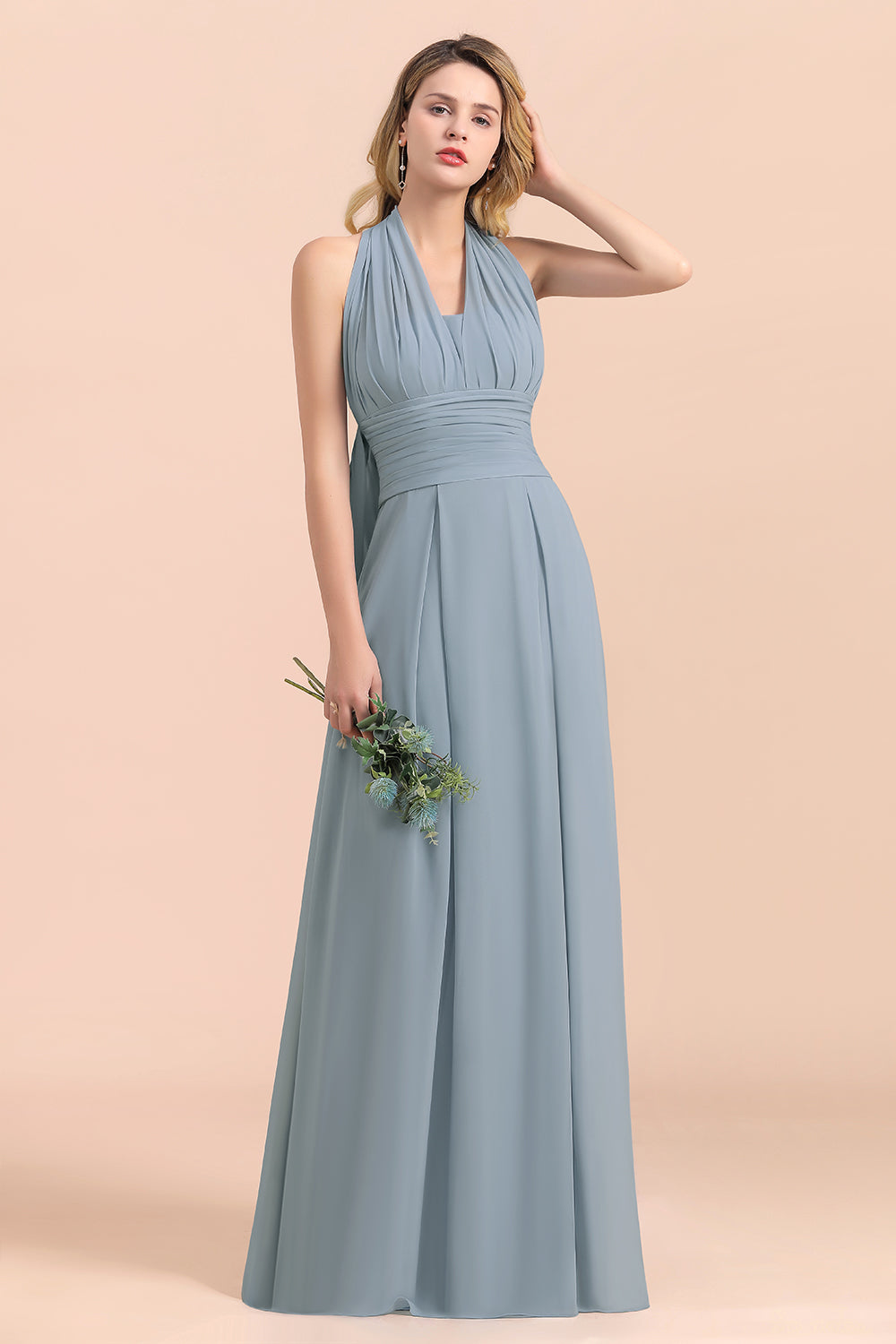 Affordable Dusty Blue Ruffle Convertible Bridemsiad Dress - Fashionpara