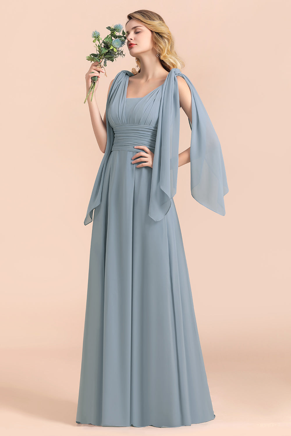 Affordable Dusty Blue Ruffle Convertible Bridemsiad Dress - Fashionpara