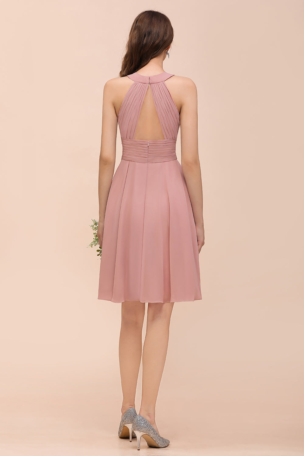 Affordable Dusty Pink Round Neck Ruffle Short Bridesmaid dresses - Fashionpara