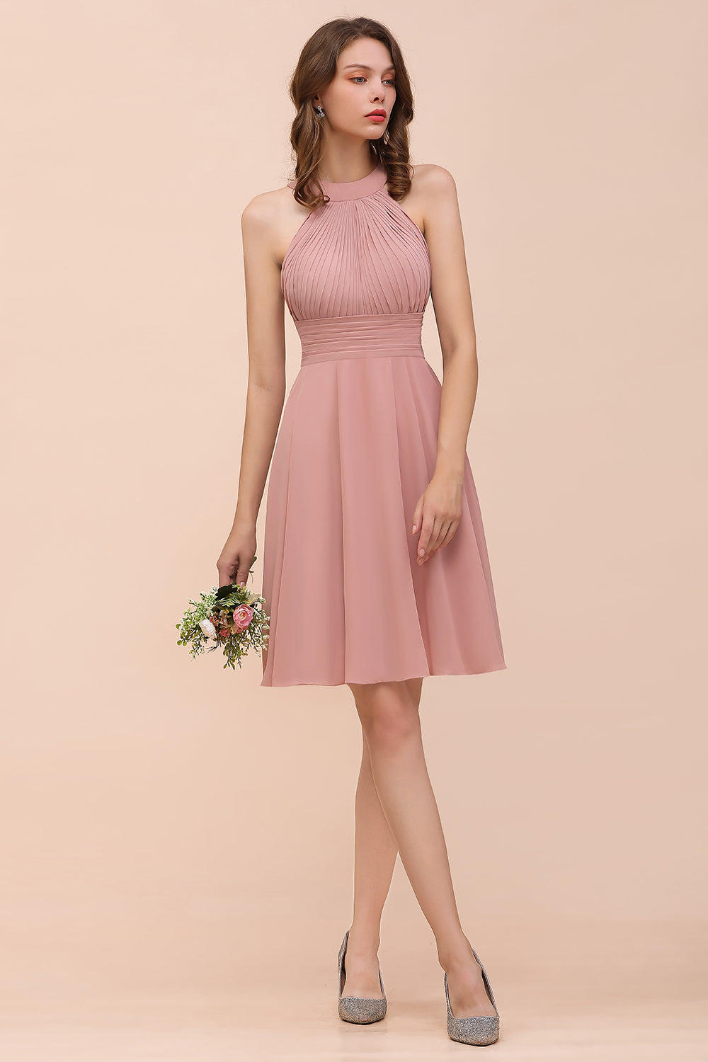 Affordable Dusty Pink Round Neck Ruffle Short Bridesmaid dresses - Fashionpara