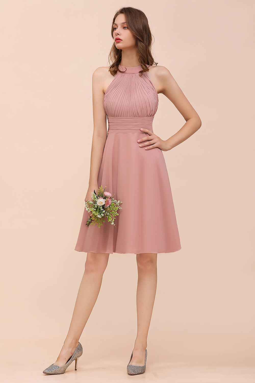 Affordable Dusty Pink Round Neck Ruffle Short Bridesmaid dresses - Fashionpara