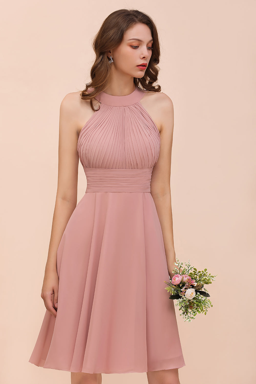 Affordable Dusty Pink Round Neck Ruffle Short Bridesmaid dresses - Fashionpara