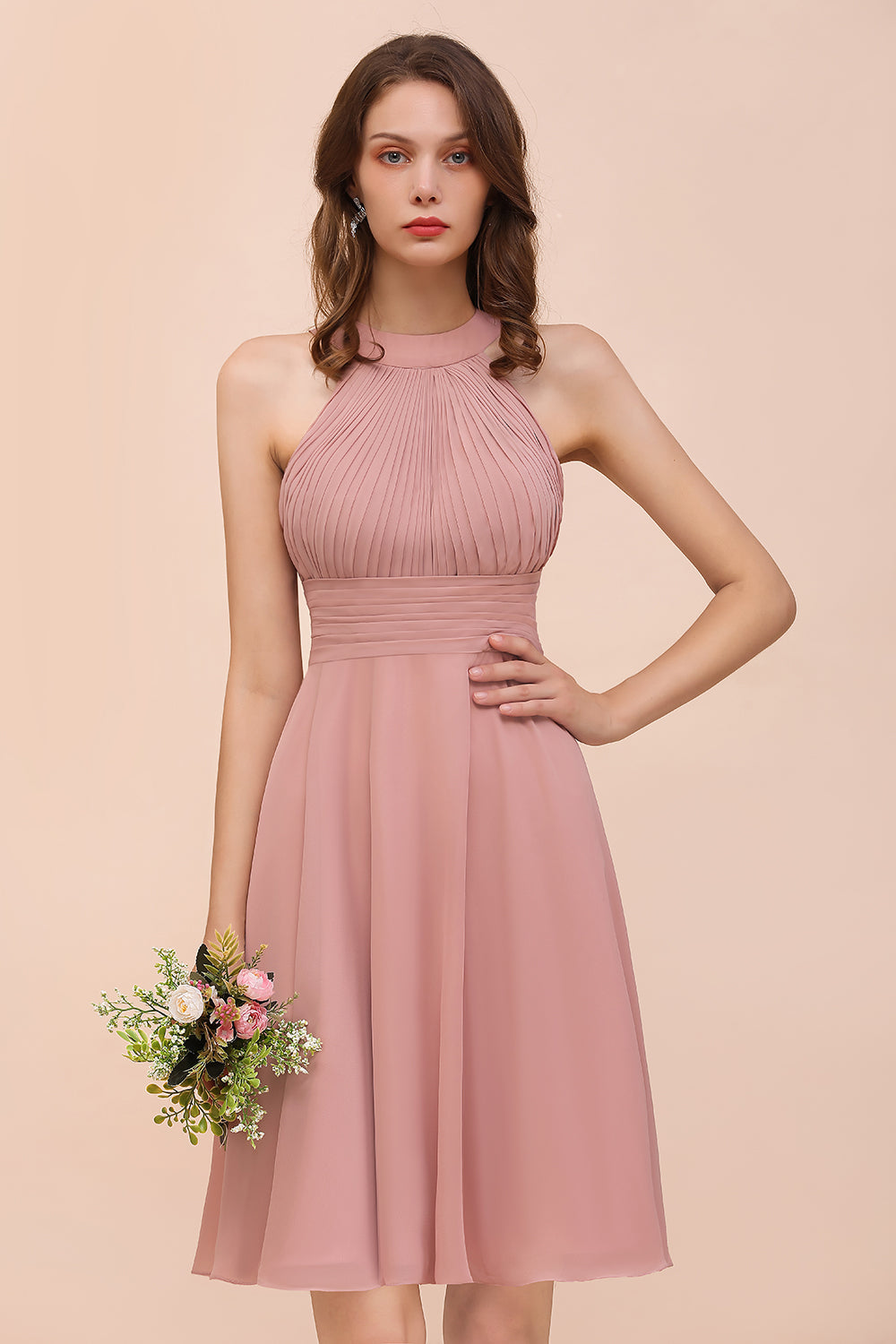 Affordable Dusty Pink Round Neck Ruffle Short Bridesmaid dresses - Fashionpara