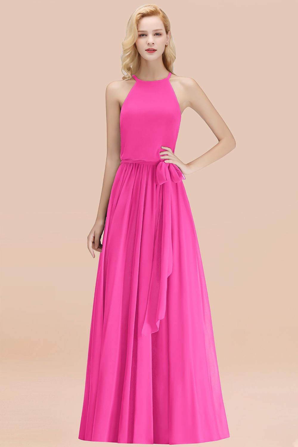 Affordable Halter Bow Long Bridesmaid Dresses Modest Burgundy Chiffon Wedding Party Dress - Fashionpara