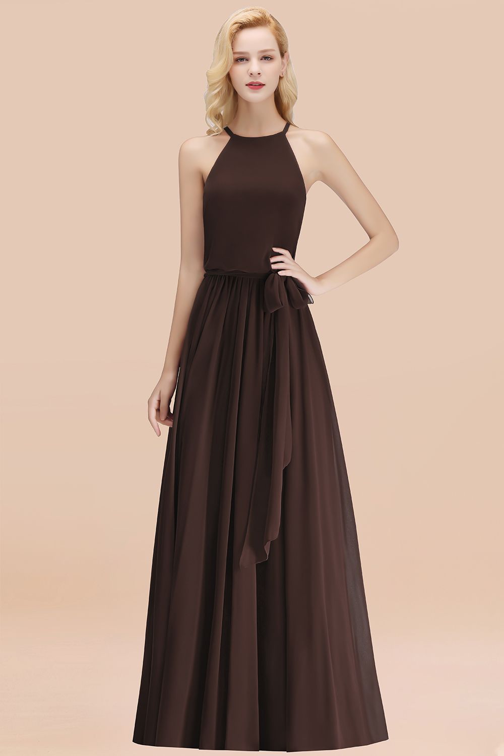 Affordable Halter Bow Long Bridesmaid Dresses Modest Burgundy Chiffon Wedding Party Dress - Fashionpara