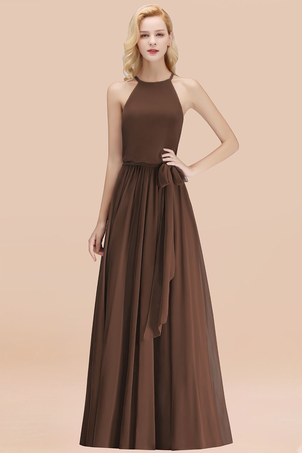 Affordable Halter Bow Long Bridesmaid Dresses Modest Burgundy Chiffon Wedding Party Dress - Fashionpara