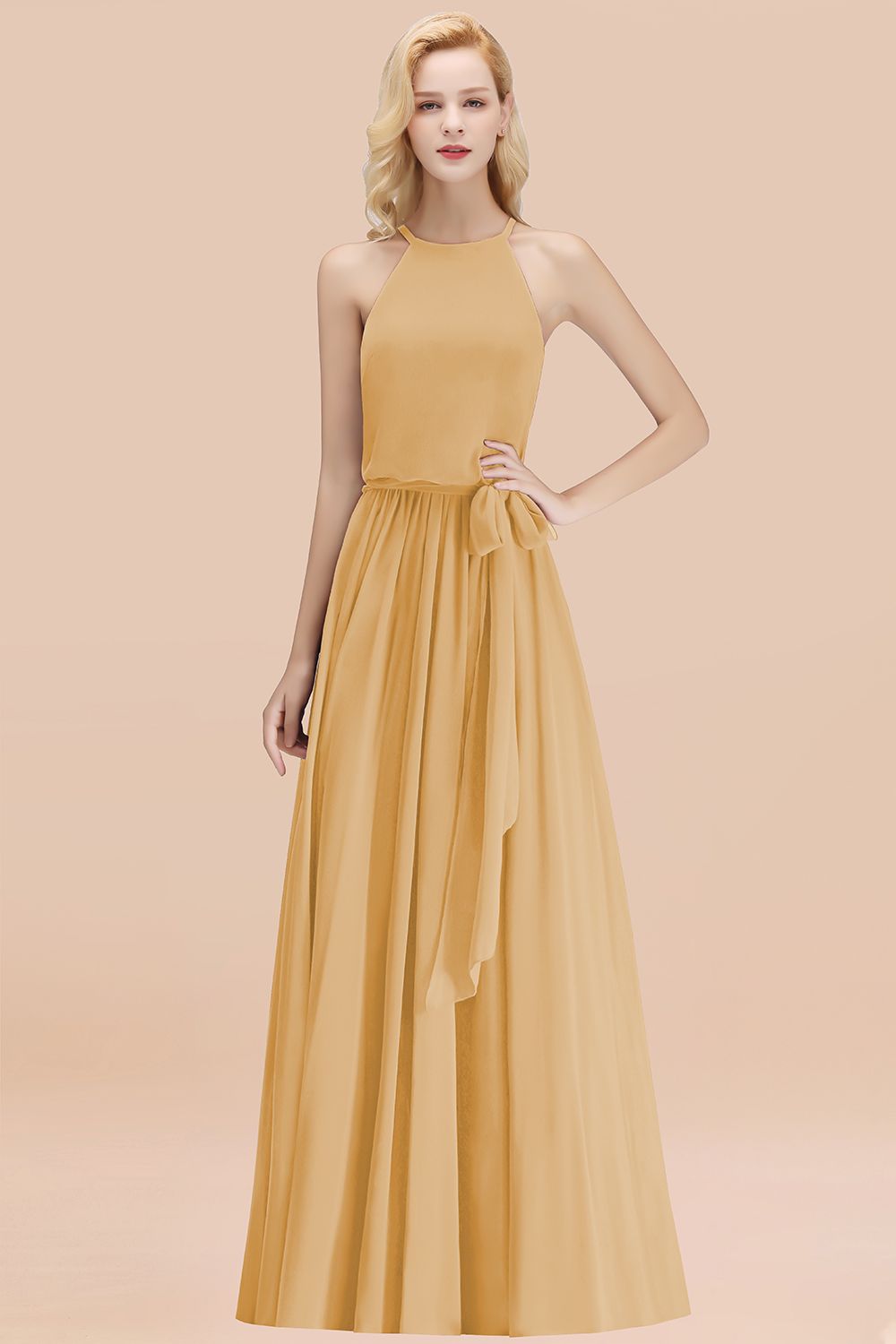 Affordable Halter Bow Long Bridesmaid Dresses Modest Burgundy Chiffon Wedding Party Dress - Fashionpara