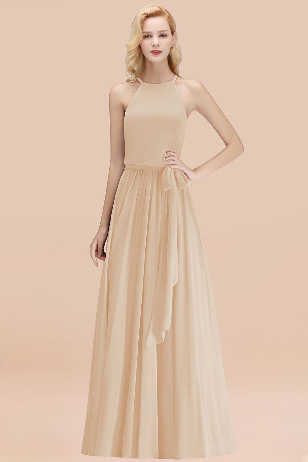 Affordable Halter Bow Long Bridesmaid Dresses Modest Burgundy Chiffon Wedding Party Dress - Fashionpara