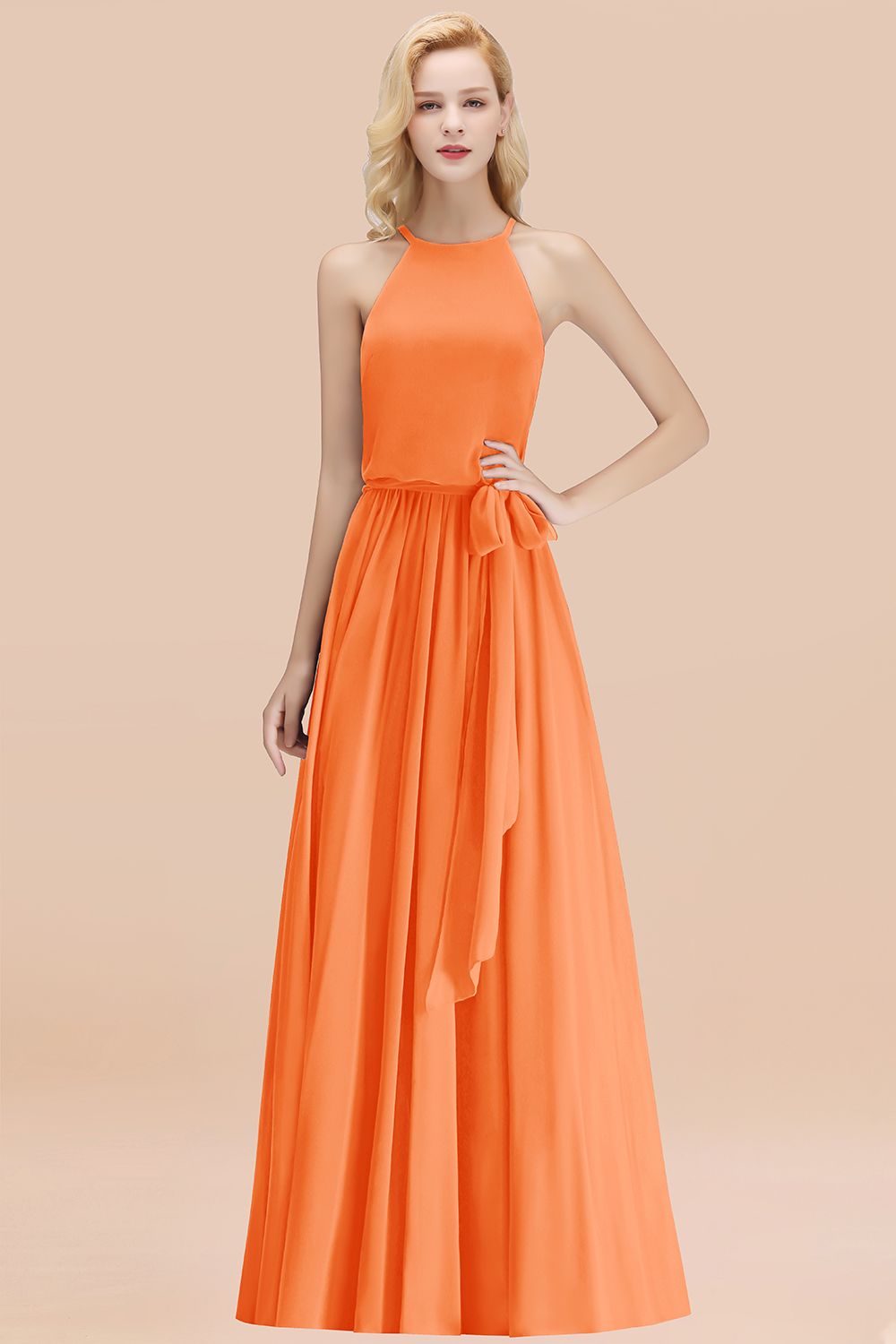 Affordable Halter Bow Long Bridesmaid Dresses Modest Burgundy Chiffon Wedding Party Dress - Fashionpara
