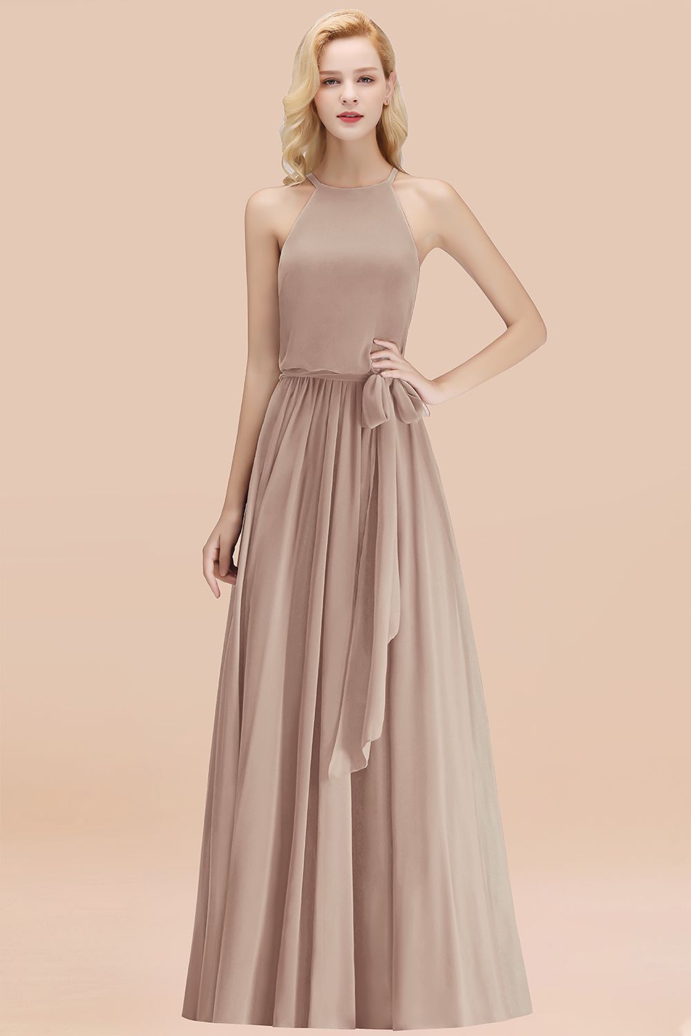 Affordable Halter Bow Long Bridesmaid Dresses Modest Burgundy Chiffon Wedding Party Dress - Fashionpara
