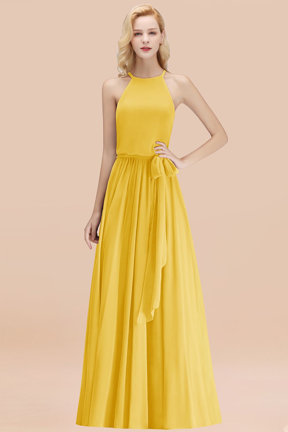 Affordable Halter Bow Long Bridesmaid Dresses Modest Burgundy Chiffon Wedding Party Dress - Fashionpara