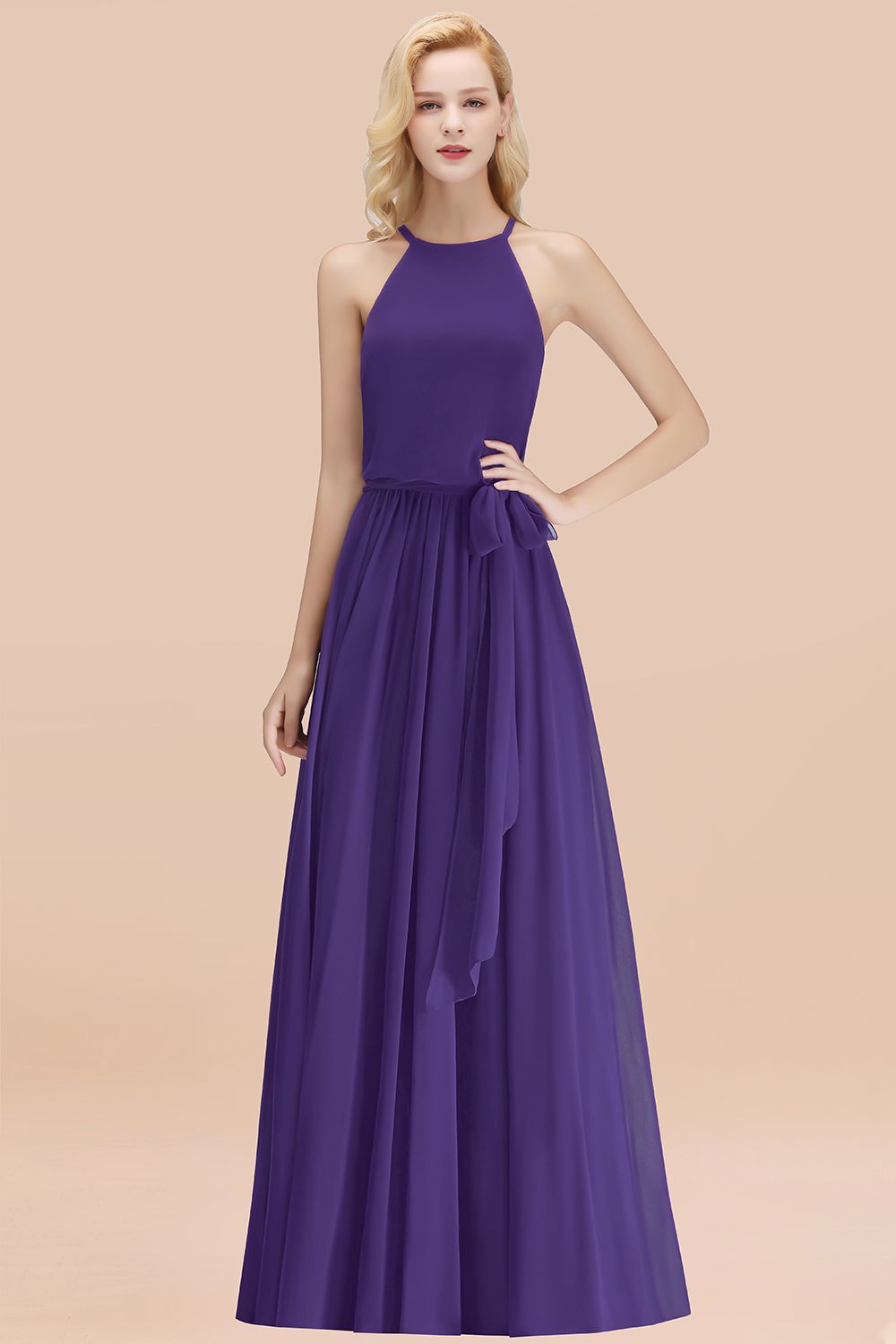 Affordable Halter Bow Long Bridesmaid Dresses Modest Burgundy Chiffon Wedding Party Dress - Fashionpara