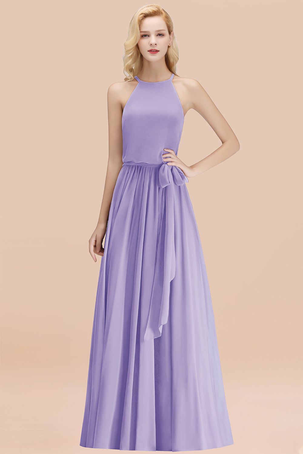 Affordable Halter Bow Long Bridesmaid Dresses Modest Burgundy Chiffon Wedding Party Dress - Fashionpara