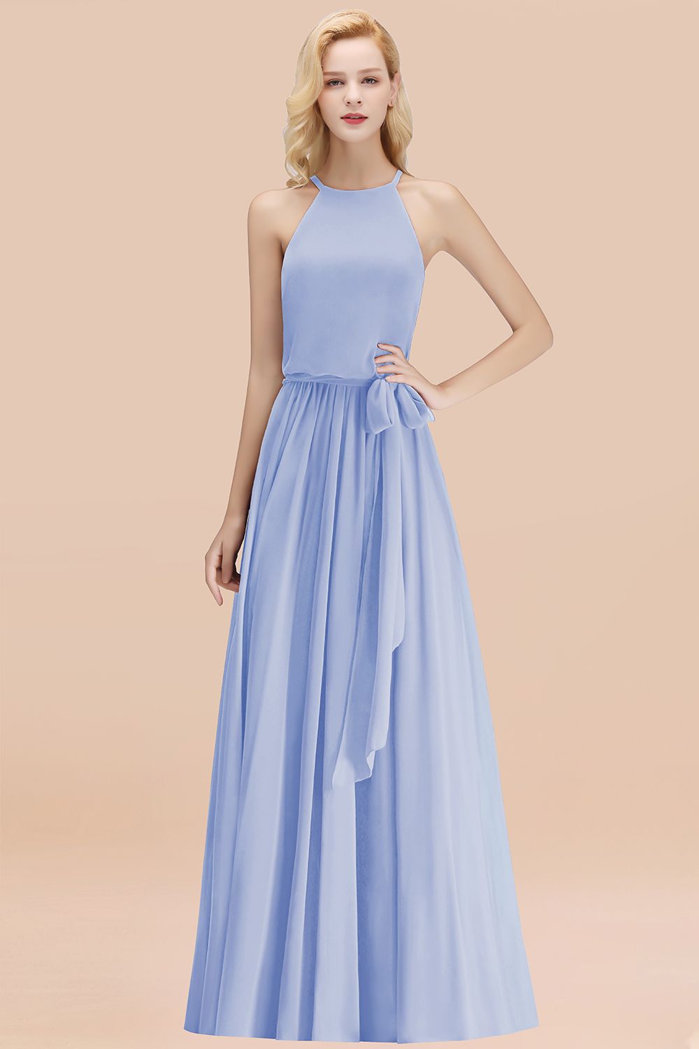 Affordable Halter Bow Long Bridesmaid Dresses Modest Burgundy Chiffon Wedding Party Dress - Fashionpara