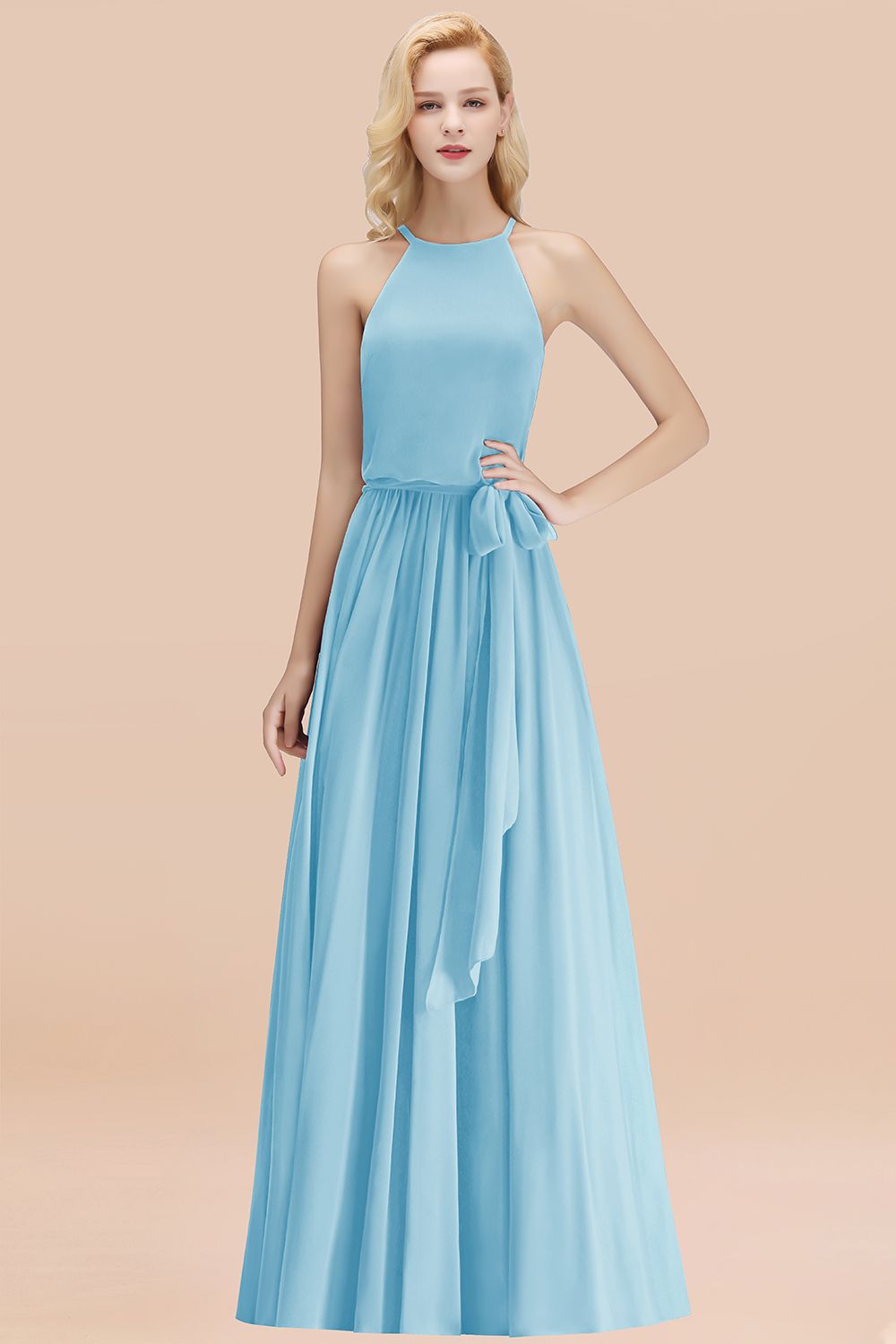 Affordable Halter Bow Long Bridesmaid Dresses Modest Burgundy Chiffon Wedding Party Dress - Fashionpara