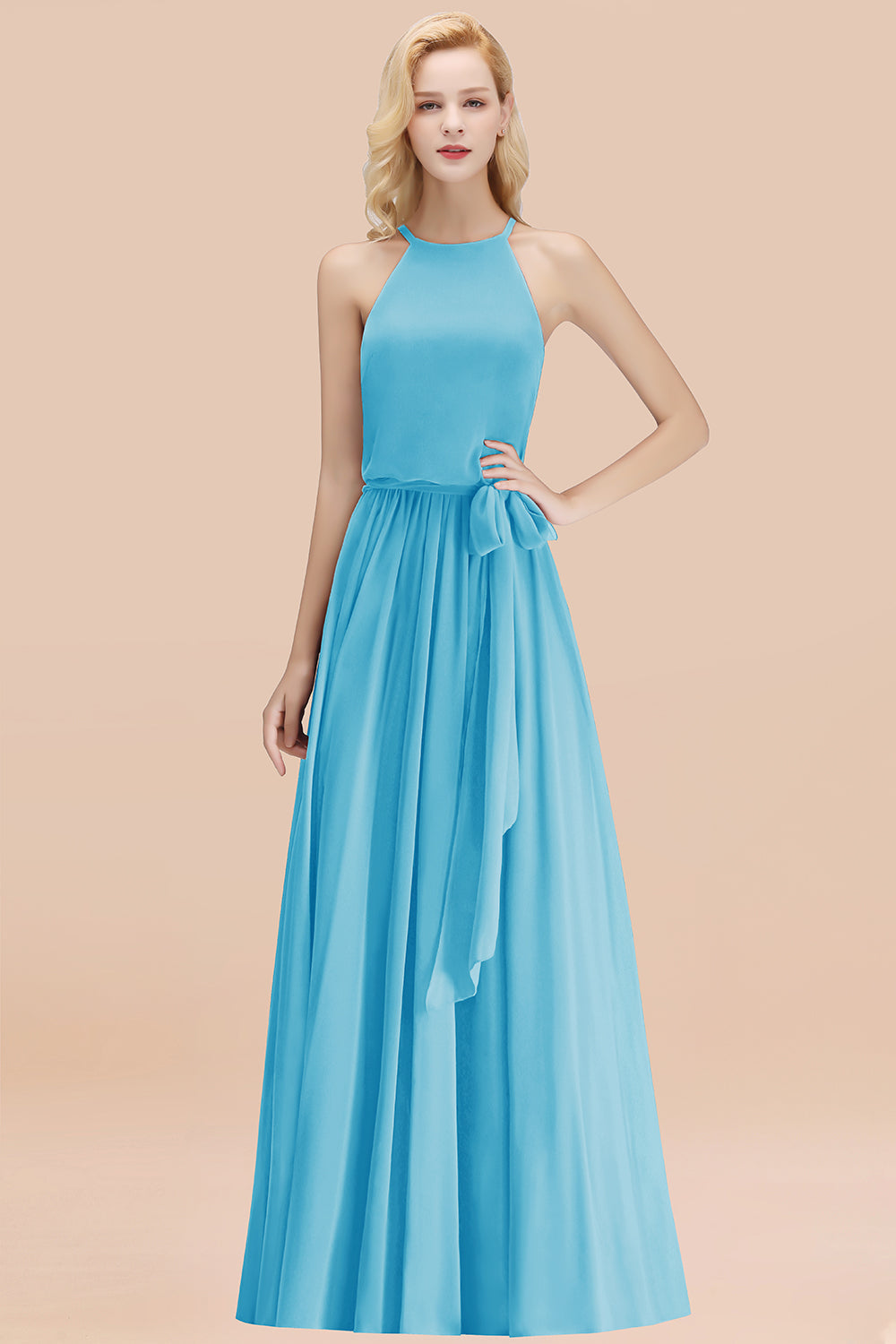 Affordable Halter Bow Long Bridesmaid Dresses Modest Burgundy Chiffon Wedding Party Dress - Fashionpara
