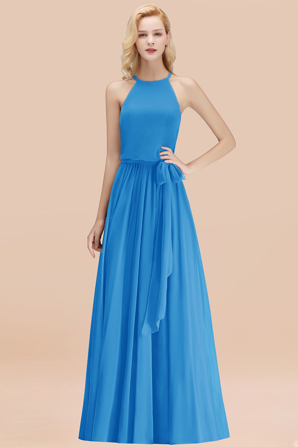 Affordable Halter Bow Long Bridesmaid Dresses Modest Burgundy Chiffon Wedding Party Dress - Fashionpara