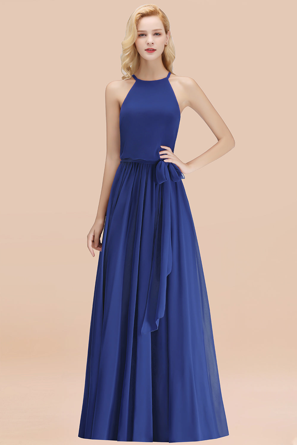 Affordable Halter Bow Long Bridesmaid Dresses Modest Burgundy Chiffon Wedding Party Dress - Fashionpara
