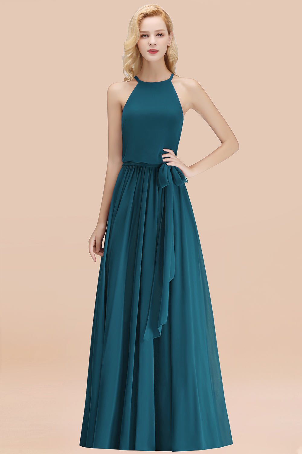 Affordable Halter Bow Long Bridesmaid Dresses Modest Burgundy Chiffon Wedding Party Dress - Fashionpara