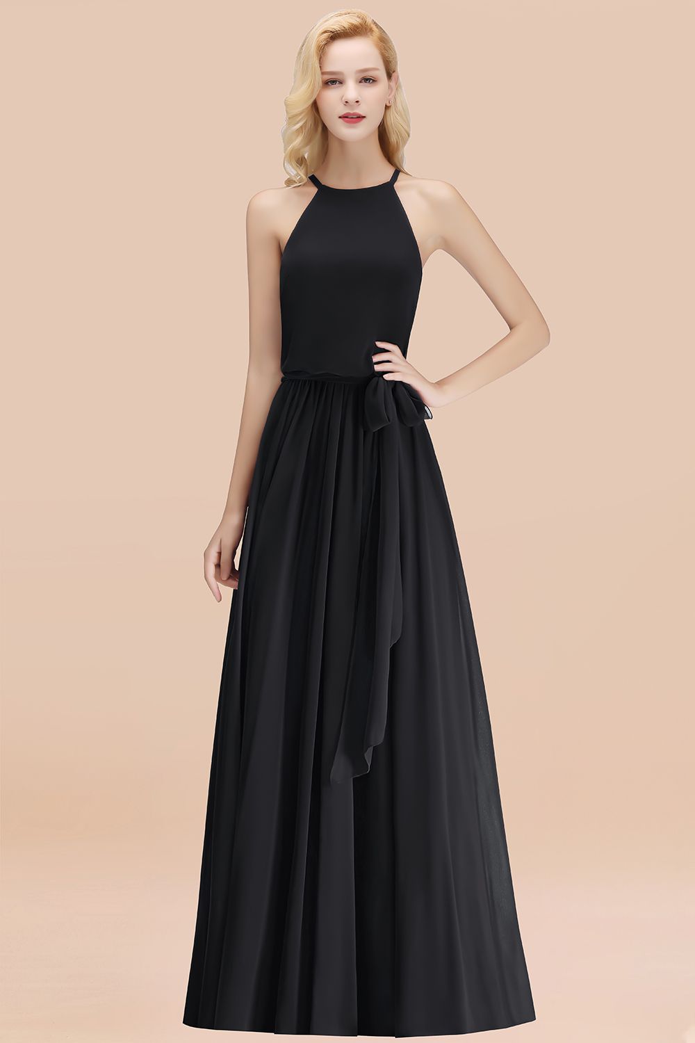 Affordable Halter Bow Long Bridesmaid Dresses Modest Burgundy Chiffon Wedding Party Dress - Fashionpara