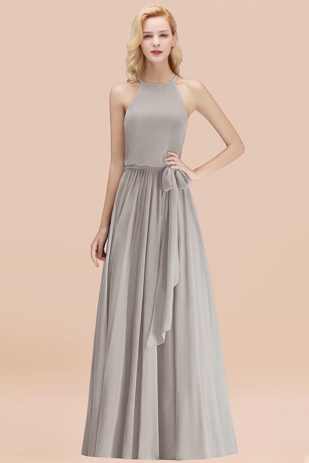 Affordable Halter Bow Long Bridesmaid Dresses Modest Burgundy Chiffon Wedding Party Dress - Fashionpara