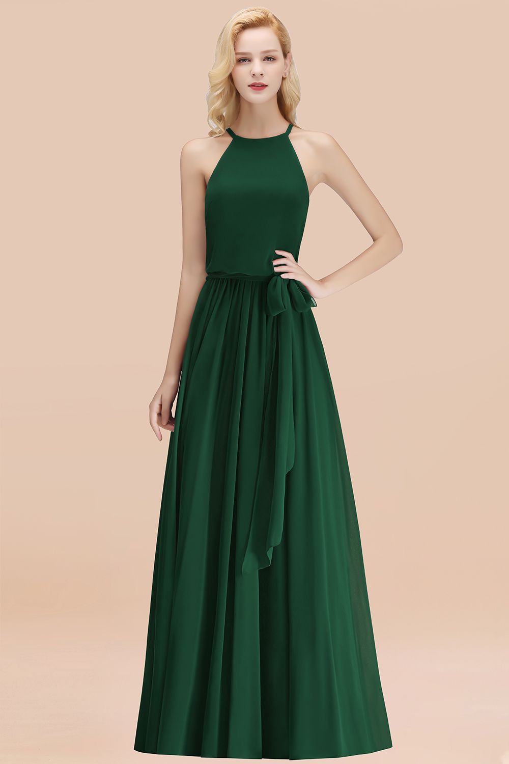 Affordable Halter Bow Long Bridesmaid Dresses Modest Burgundy Chiffon Wedding Party Dress - Fashionpara