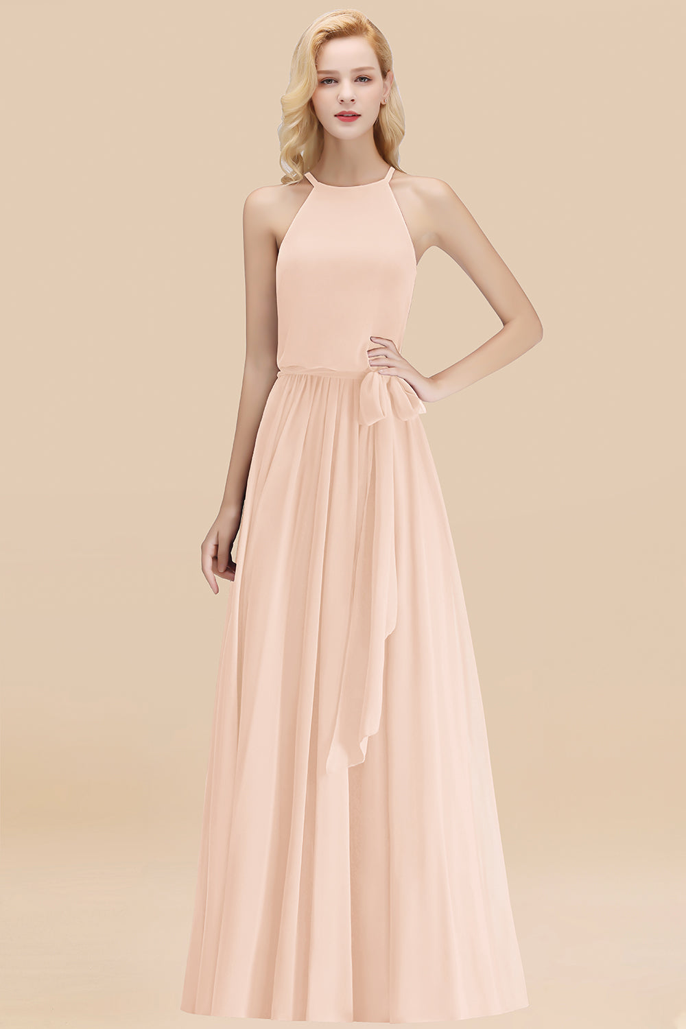Affordable Halter Bow Long Bridesmaid Dresses Modest Burgundy Chiffon Wedding Party Dress - Fashionpara