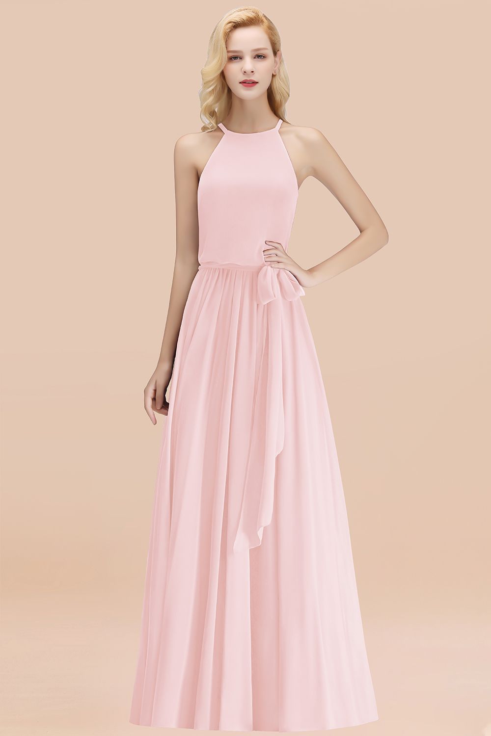 Affordable Halter Bow Long Bridesmaid Dresses Modest Burgundy Chiffon Wedding Party Dress - Fashionpara