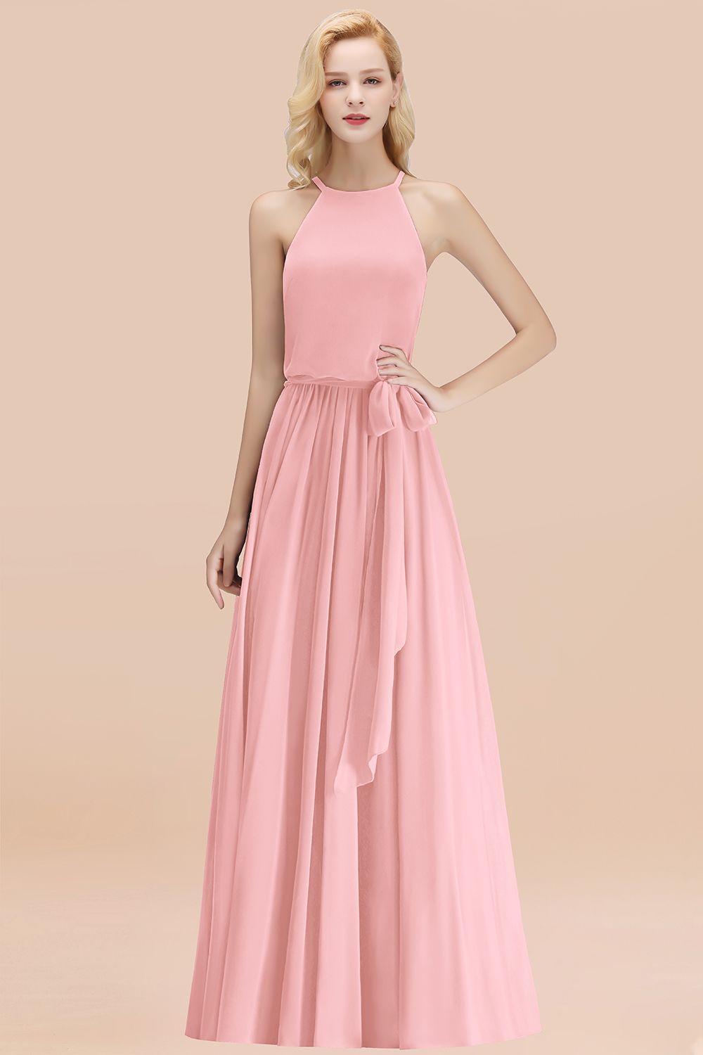 Affordable Halter Bow Long Bridesmaid Dresses Modest Burgundy Chiffon Wedding Party Dress - Fashionpara
